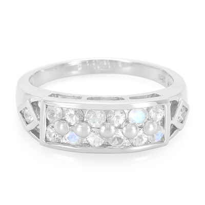 Anello in argento con Pietra di Luna Arcobaleno e Zaffiro Bianco