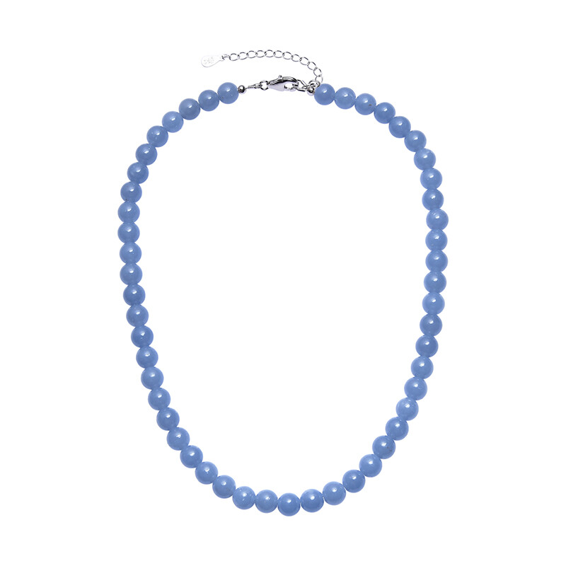 Collier En Angelite Naturelle Et Argent 925 - Longueur ~45 Cm - Made In Italy - Neuf Avec étiquettes