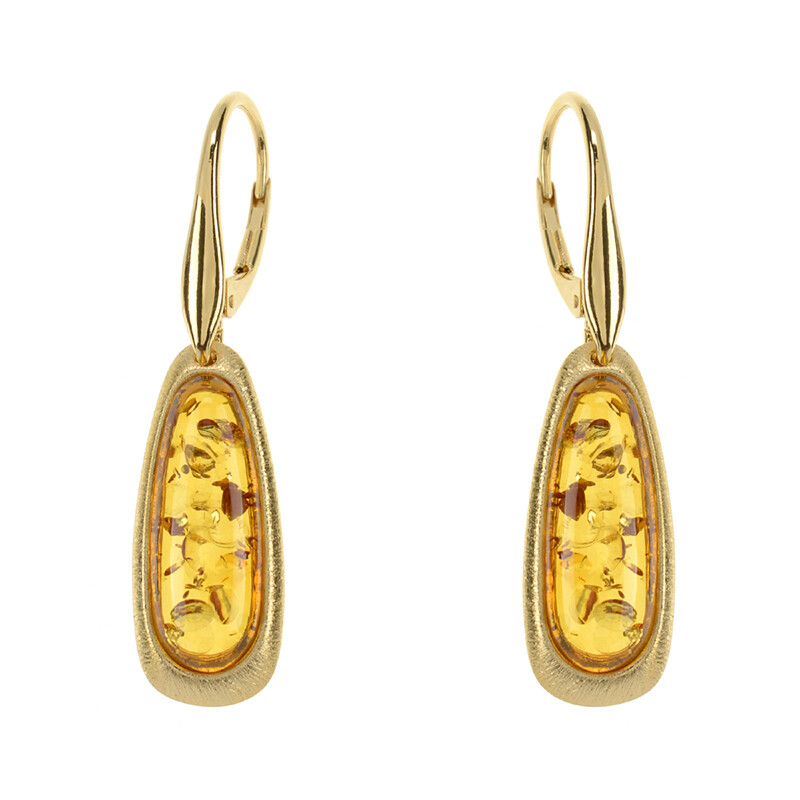 Orecchini In Argento 925 Placcato Oro Con Ambra Baltica – Forma A Tulipano, Chiusura A Leva, Fatti In UE