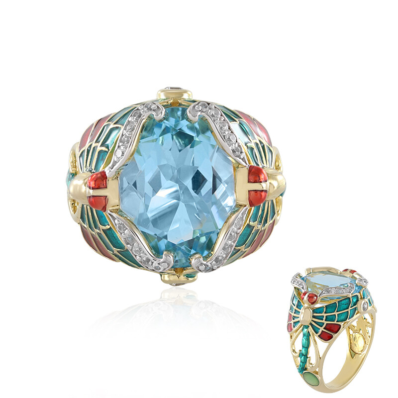 Anello Da Cocktail A Forma Di Pera In Oro Art Deco 18K Con Topazio Blu Di Londra E Diamanti