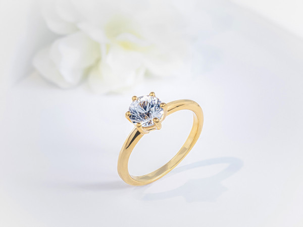 Anello Con Zaffiro E Oro Giallo 9K - Fiore Per Fidanzamento, Matrimonio O Promessa - Misura 27